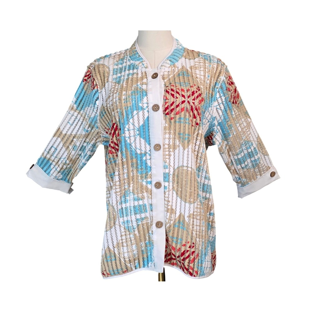 Multiples Womens Blue Tan‎ Geometric Mesh Button Up Top 3/4 Sleeve Size L
